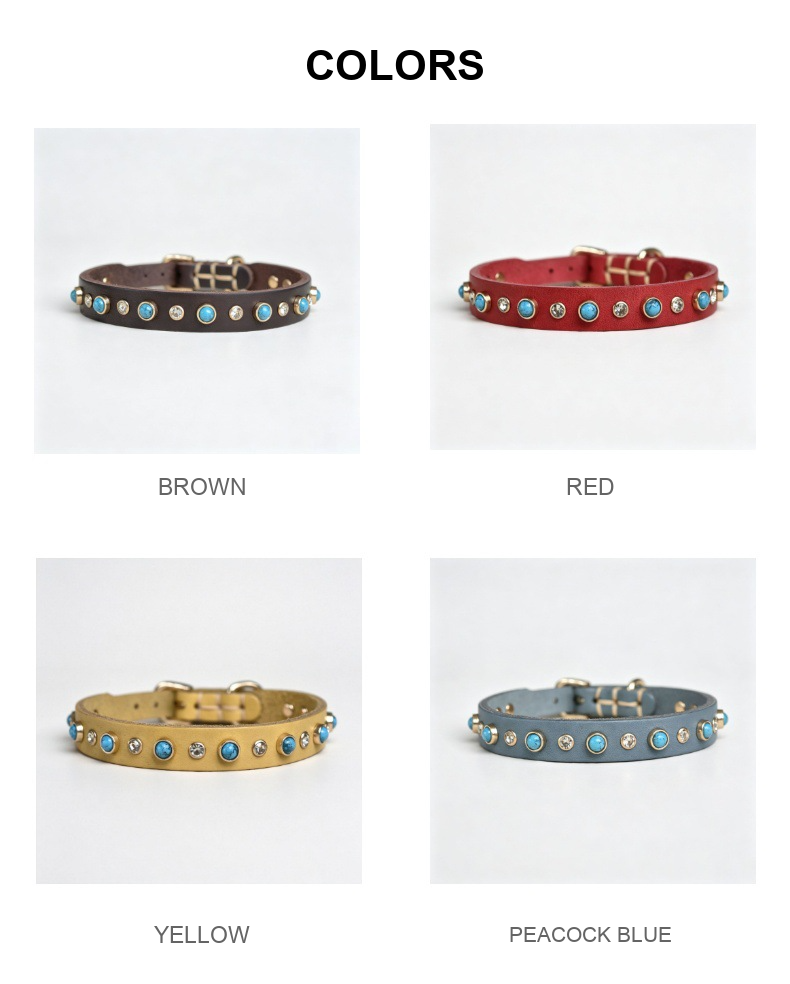 Genuine Leather Turquoise & Crystal Pet Collar – Small Dog & Cat Collar