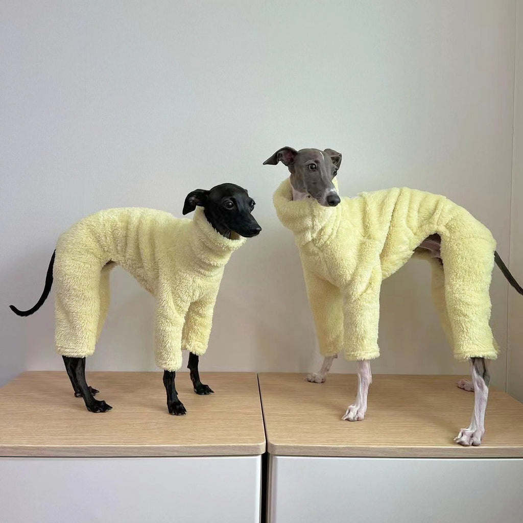 Whippet & Italian Greyhound Fleece Dog Jumpsuit – Soft Yellow & Lavender Winter Pajamas